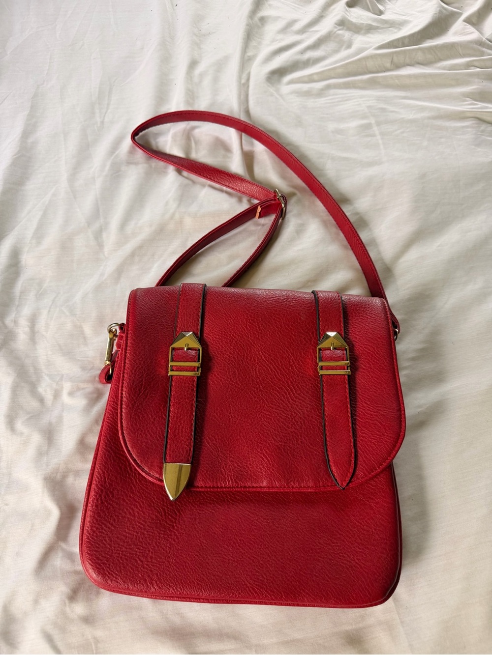Red Leather Crossbody Bag with Gold Accents